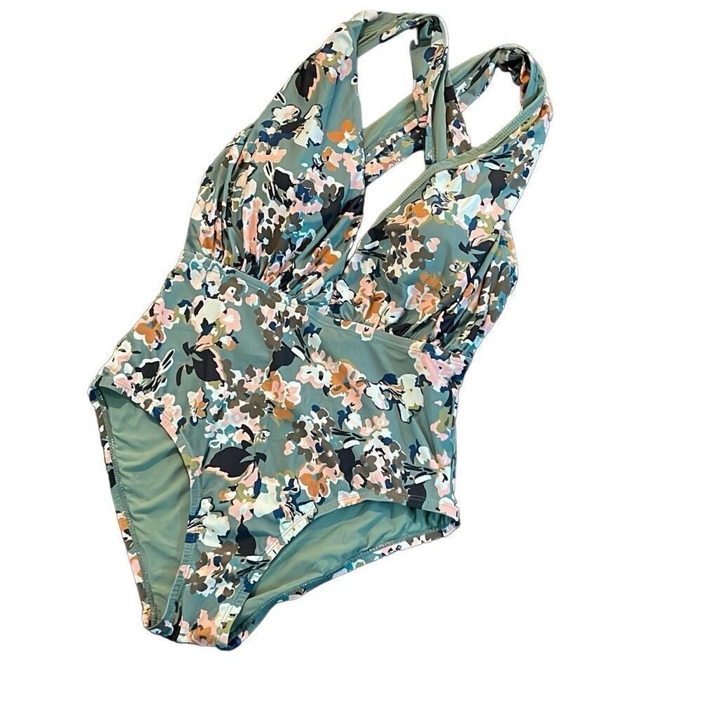 SEA ANGEL‎ Sage Green FLORAL Plunge Neck Cross Back SWIMSUIT Medium 8